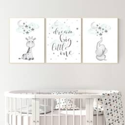 Giraffe & Elephant Nursery Decor Mint Green Wall Art Prints - thumbnail 2