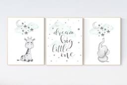 Giraffe & Elephant Nursery Decor Mint Green Wall Art Prints - thumbnail 1