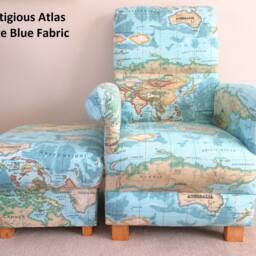 Handcrafted Adult Chair & Footstool Set Cream Blue Maps Armchair Nursery Accent Geography - thumbnail 2