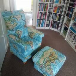 Handcrafted Adult Chair & Footstool Set Cream Blue Maps Armchair Nursery Accent Geography - thumbnail 3