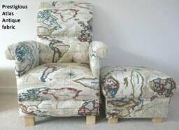 Handcrafted Adult Chair & Footstool Set Cream Blue Maps Armchair Nursery Accent Geography