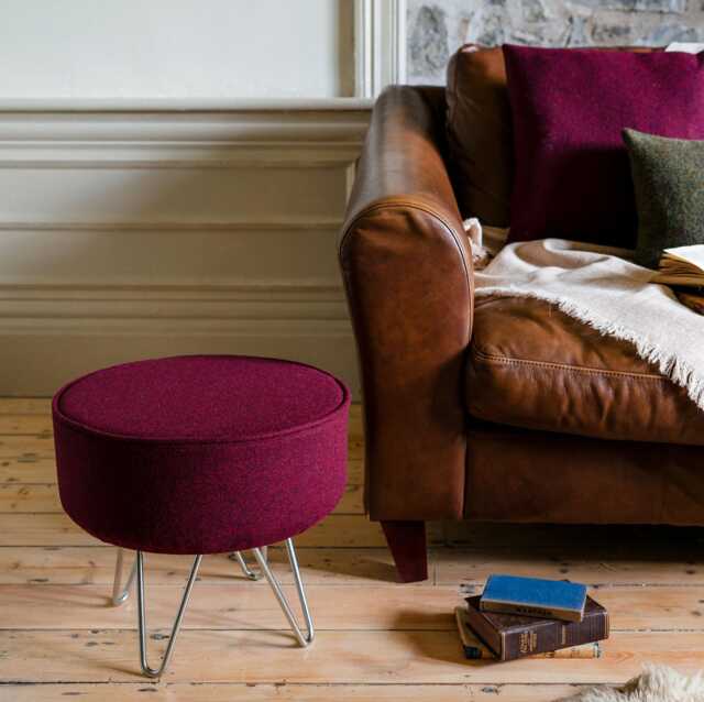 Harris Tweed Claret Footstool With Steel Hairpin Legs - image 1