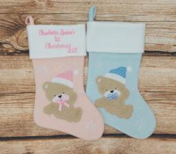 Babies First Christmas Stocking, Personalised Present, Childrens Xmas Sock, Embroidered Christmas Keepsake, Eve Gift, Teddy Bear - thumbnail 1