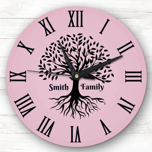 Family Tree Black Silhouette Pink Personalised Gift Clock - image 1