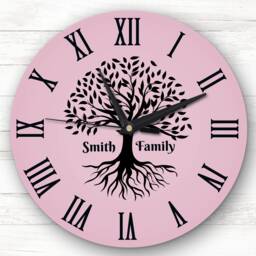 Family Tree Black Silhouette Pink Personalised Gift Clock - thumbnail 1