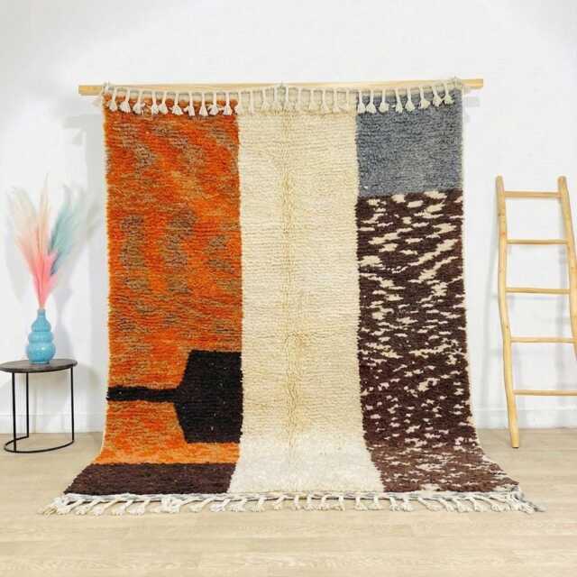 Orange White Geometric Moroccan Rug, Large Living Room Berber Carpet, Hand Tufted Shag Area Boho Abstract Decor - image 1