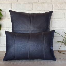 Black Vegan Leather Lumbar Pillow Cover Modern Decorative Stitched Accent - thumbnail 2