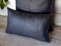 Black Vegan Leather Lumbar Pillow Cover Modern Decorative Stitched Accent
