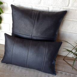 Black Vegan Leather Lumbar Pillow Cover Modern Decorative Stitched Accent - thumbnail 3