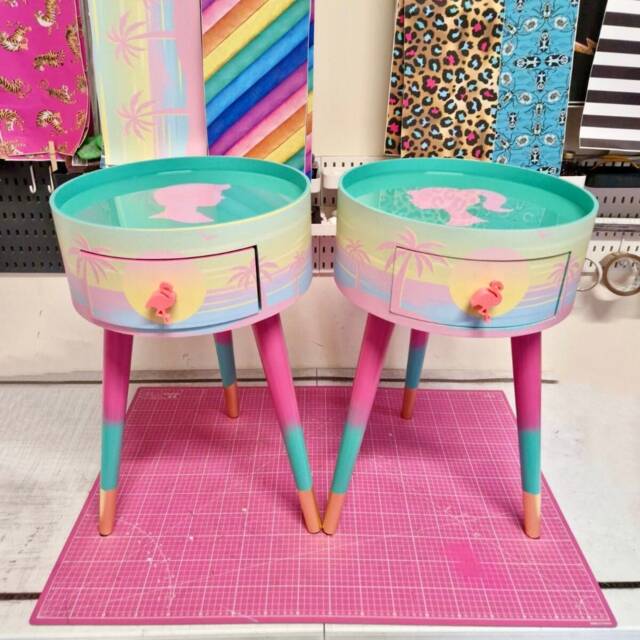 Pink Malibu Double Set Of Bed Side Table, Mint & Pink Ombre, Sunset, Flamingo, Palm Springs Nightstand , His Hers Bedside Tables - image 1