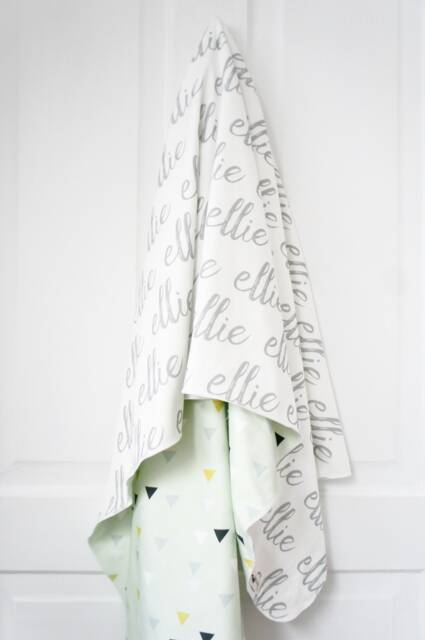 Personalized Organic Cotton Baby Blanket - Reversible Name Blanket, Grey & Mint Triangles - image 1