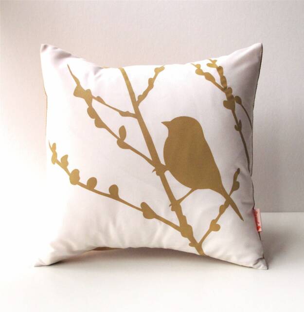 Mustard Print On White Cotton Bird Cherry Blossom - Mini 10.5 Inches Square Pillow - image 1