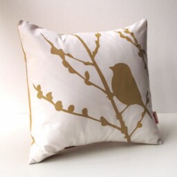 Mustard Print On White Cotton Bird Cherry Blossom - Mini 10.5 Inches Square Pillow - thumbnail 3