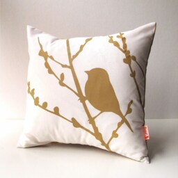 Mustard Print On White Cotton Bird Cherry Blossom - Mini 10.5 Inches Square Pillow - thumbnail 2