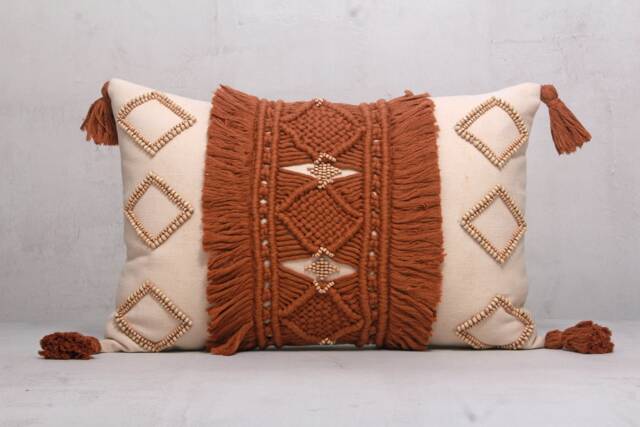 Off-White Rust Cotton Macrame Bohemian, Bali Style Pillow Cover, Decorative Handmade Throw Cover, Embroidered Cover Wlcc036 - image 1