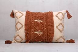 Rust Macrame Lumbar Pillow Cover, Off White Cotton Cushion With Wooden Beads & Tassels
