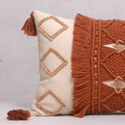 Off-White Rust Cotton Macrame Bohemian, Bali Style Pillow Cover, Decorative Handmade Throw Cover, Embroidered Cover Wlcc036 - thumbnail 2