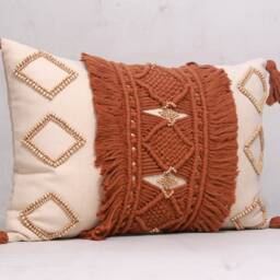 Off-White Rust Cotton Macrame Bohemian, Bali Style Pillow Cover, Decorative Handmade Throw Cover, Embroidered Cover Wlcc036 - thumbnail 3
