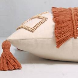 Off-White Rust Cotton Macrame Bohemian, Bali Style Pillow Cover, Decorative Handmade Throw Cover, Embroidered Cover Wlcc036 - thumbnail 4