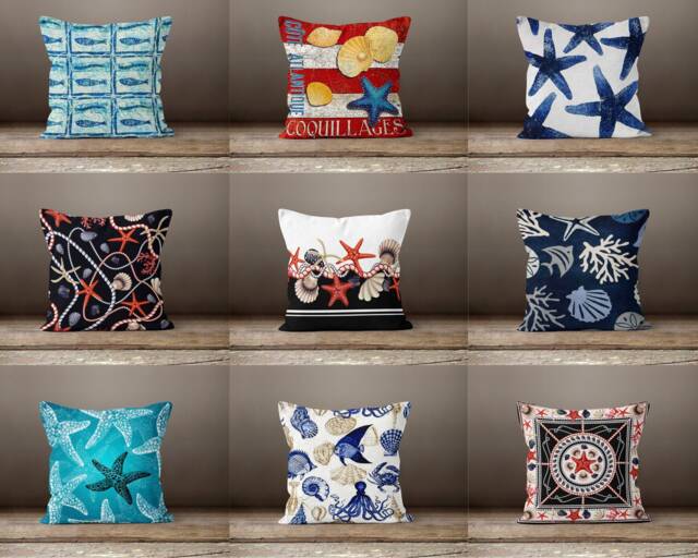 Nautical Seashell Cushion Cover-starfish Pillow Case-Fish Cover-Coral Case-Gift For Her Cushion-Handmade Material - image 1