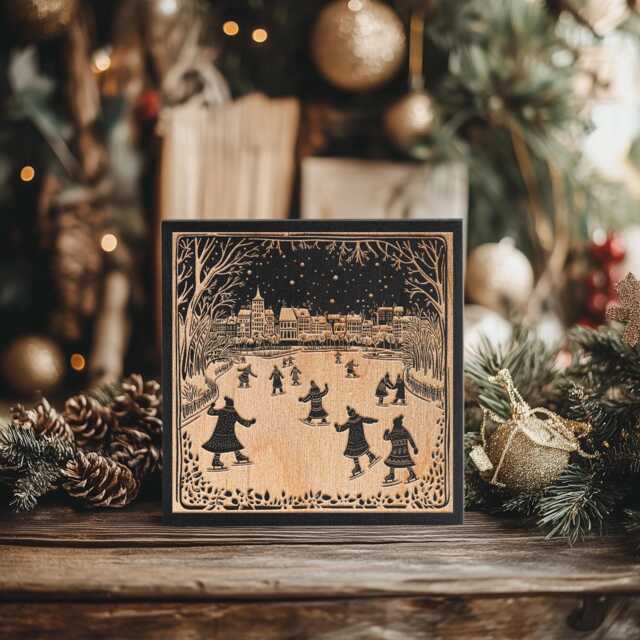 Ice Skaters On Pond Scene Mini Engraved Birch Wood Panel - Block Print Style Winter Wall Art, Skating Print, Secret Santa Gift - image 1