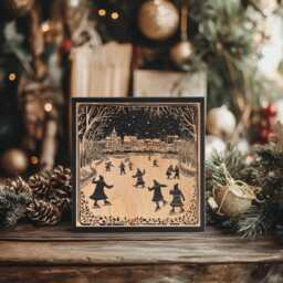 Ice Skaters On Pond Scene Mini Engraved Birch Wood Panel - Block Print Style Winter Wall Art, Skating Print, Secret Santa Gift - thumbnail 1