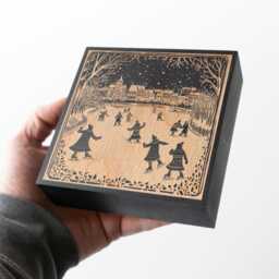 Ice Skaters On Pond Scene Mini Engraved Birch Wood Panel - Block Print Style Winter Wall Art, Skating Print, Secret Santa Gift - thumbnail 3