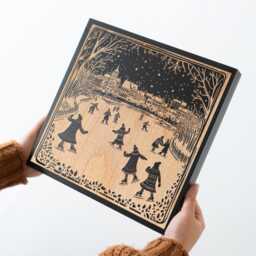 Ice Skaters On Pond Scene Mini Engraved Birch Wood Panel - Block Print Style Winter Wall Art, Skating Print, Secret Santa Gift - thumbnail 2
