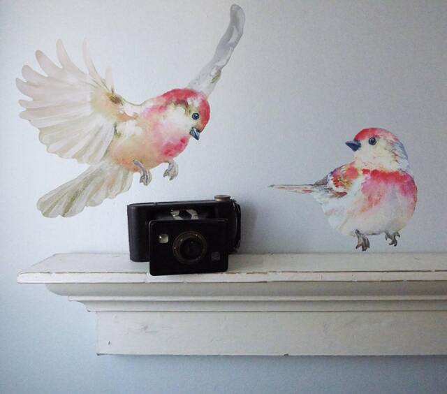 Pink Birds Wall Decals, Fabric Decal, Nursery, Watercolor Stickers, Get Well Gift - image 1