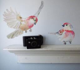 Pink Birds Wall Decals, Fabric Decal, Nursery, Watercolor Stickers, Get Well Gift - thumbnail 1