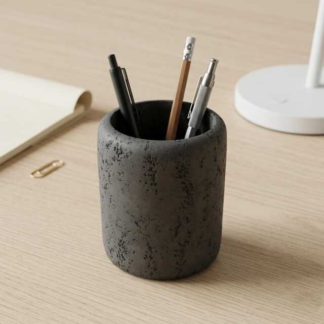 Minimalist Concrete Pen Holder - Grey Textured Pencil Desk Organizer Succulent Planter - image 1