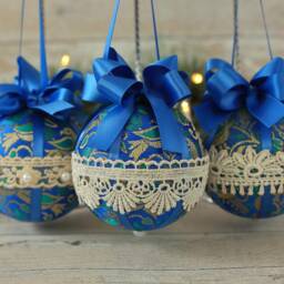 Blue Christmas Baubles Vintage Lace Ornaments, Handmade Set Of 3 - thumbnail 2