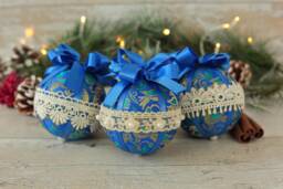 Blue Christmas Baubles Vintage Lace Ornaments, Handmade Set Of 3