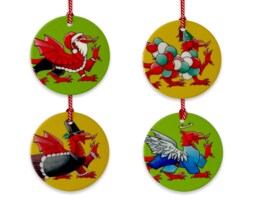 Welsh Dragon Christmas Ornaments Hand-Printed Ceramic Decorations, Set Of 4