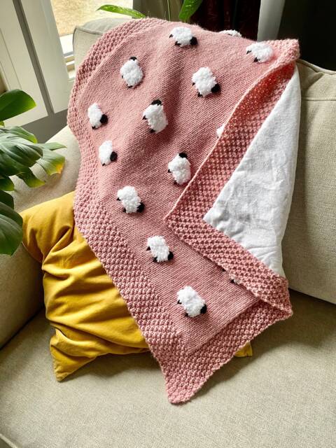 Reversible Sheep Baby Blanket, Handknit, Fuzzy Sheep, Flannel On Reverse - Optional 3 Sizes - image 1