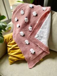 Reversible Sheep Baby Blanket, Handknit, Fuzzy Sheep, Flannel On Reverse - Optional 3 Sizes