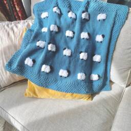 Reversible Sheep Baby Blanket, Handknit, Fuzzy Sheep, Flannel On Reverse - Optional 3 Sizes - thumbnail 2