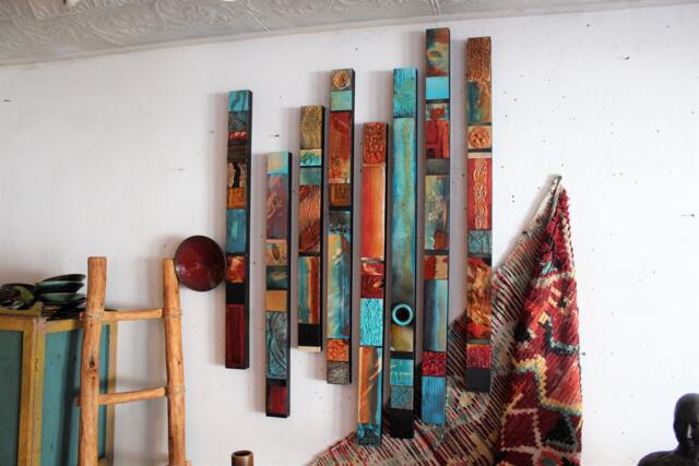 Reclaimed Large Wall 5 Plus Totems Turquoise Wood Recycled Tin Metal Modern Boho Bohemian Primitive Abstract Gift Sculpture Relief Collages - image 1