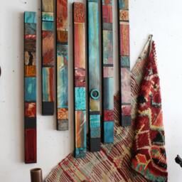 Reclaimed Large Wall 5 Plus Totems Turquoise Wood Recycled Tin Metal Modern Boho Bohemian Primitive Abstract Gift Sculpture Relief Collages - thumbnail 3