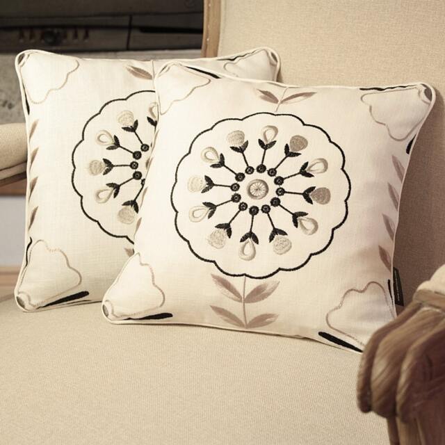 Boho Floral Embroidered Pillow Pair - Clarke & Linen Cushions - image 1