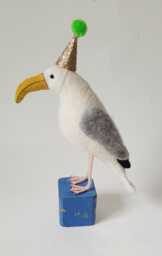 Felted Wool Seagull Decoration, Party Hat Bird, Textile Art, Grey White Gull - thumbnail 1