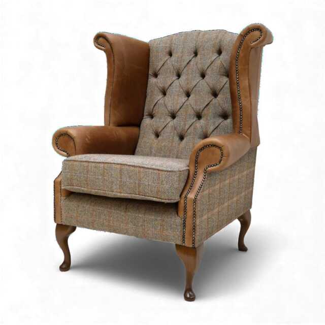Handmade Leather & Harris Tweed Wingback Chair - Queen Anne Fireside Vintage British Armchair UK Made Furniture - image 1