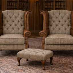 Handmade Leather & Harris Tweed Wingback Chair - Queen Anne Fireside Vintage British Armchair UK Made Furniture - thumbnail 2