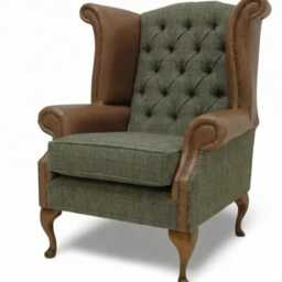 Handmade Leather & Harris Tweed Wingback Chair - Queen Anne Fireside Vintage British Armchair UK Made Furniture - thumbnail 3