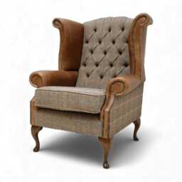 Handmade Leather & Harris Tweed Wingback Chair - Queen Anne Fireside Vintage British Armchair UK Made Furniture - thumbnail 1