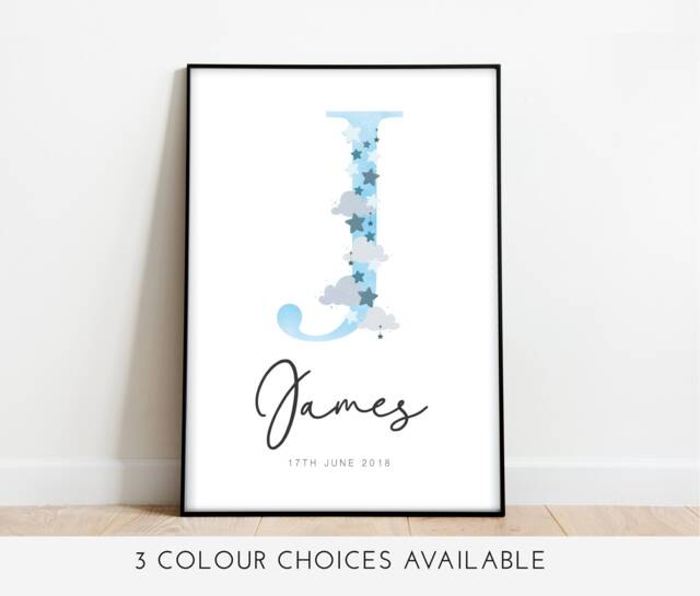 Personalised Name Star Print - Baby Newborn Gift Clouds Nursery Custom Wall Art Kids, Childrens Room Home Prints Bespoke - image 1