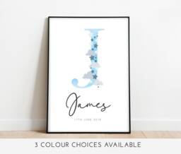 Personalised Name Star Print - Baby Newborn Gift Clouds Nursery Custom Wall Art Kids, Childrens Room Home Prints Bespoke - thumbnail 1