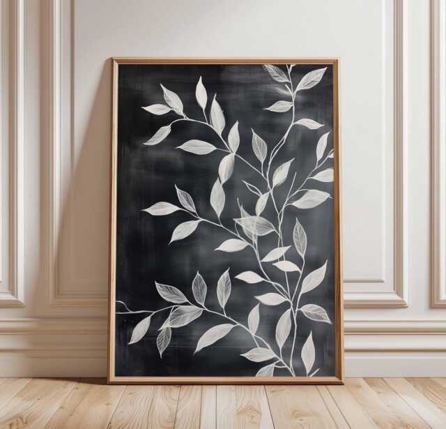 White Botanical Leaves Poster, Chalkboard Style Art Print, Minimalist Nature Wall Decor, Black & Leaf Artwork - image 1