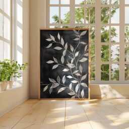 White Botanical Leaves Poster, Chalkboard Style Art Print, Minimalist Nature Wall Decor, Black & Leaf Artwork - thumbnail 3