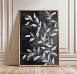White Botanical Leaves Poster, Chalkboard Style Art Print, Minimalist Nature Wall Decor, Black & Leaf Artwork - thumbnail 1